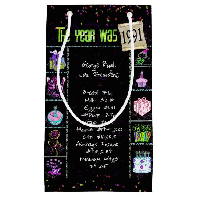 1991 Birth Year Trivia on Black Small Gift Bag (Front)