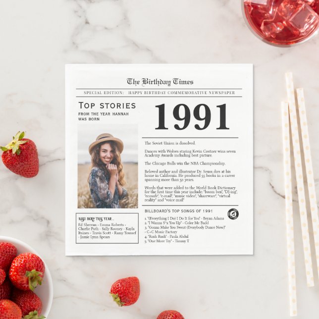 1991 Newspaper Birthday Trivia  Napkin (Insitu)