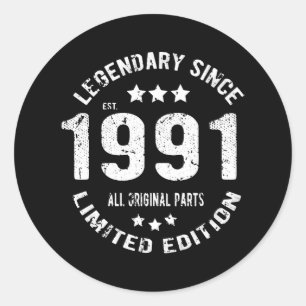 1991 Vintage Birthday Classic Round Sticker