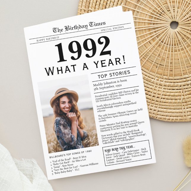 1992 Newspaper Birthday greeting card (Born in 1992 Unique Newspaper Birthday greeting card, with news, trivia and custom photo)