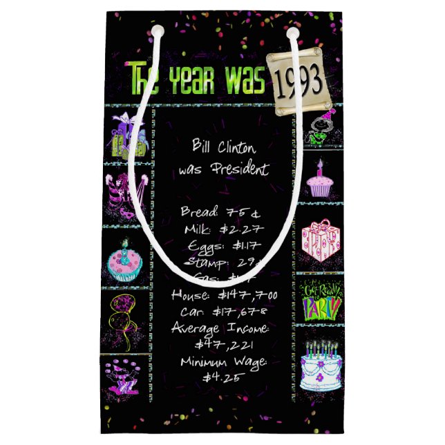 1993 Birth Year Trivia on Black Small Gift Bag (Front)