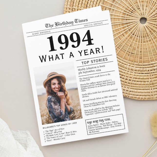 1994 Newspaper Birthday greeting card (Birthday Card, born in 1994 newspaper personalized with photo, trivia and fun facts)