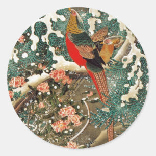 19. 雪中錦鶏図, 若冲 Pheasant in the Snow, Jakuchu Classic Round Sticker
