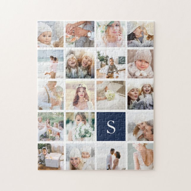 19 Square Photo Collage & Monogram Jigsaw Puzzle (Vertical)
