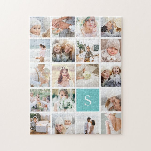 19 Square Photo Collage & Monogram Jigsaw Puzzle (Vertical)