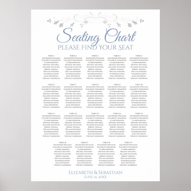 19 Table Blue & Grey Elegant Wedding Seating Chart (Front)