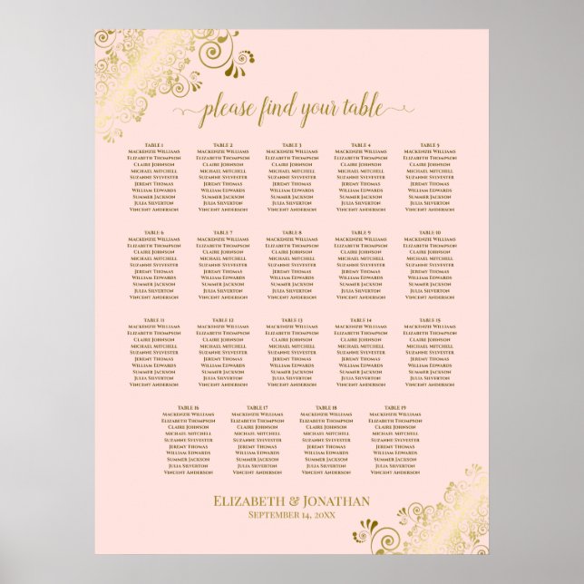 19 Table Blush Pink & Gold Wedding Seating Chart (Front)