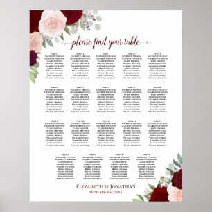 19 Table Burgundy Red & Blush Floral Seating Chart