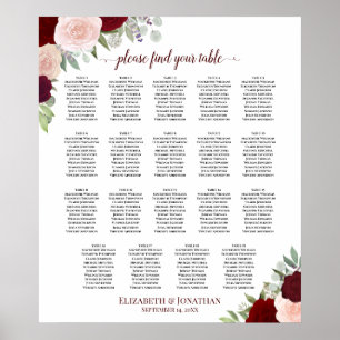 19 Table Burgundy Red & Blush Floral Seating Chart