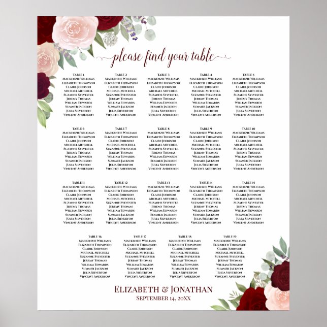 19 Table Burgundy Red & Blush Floral Seating Chart (Front)