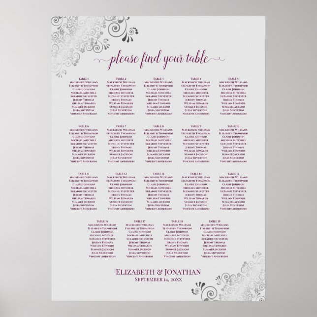 19 Table Cassis on Gray Wedding Seating Chart (Front)