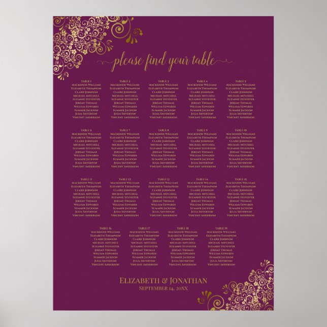 19 Table Cassis Purple Gold Wedding Seating Chart (Front)