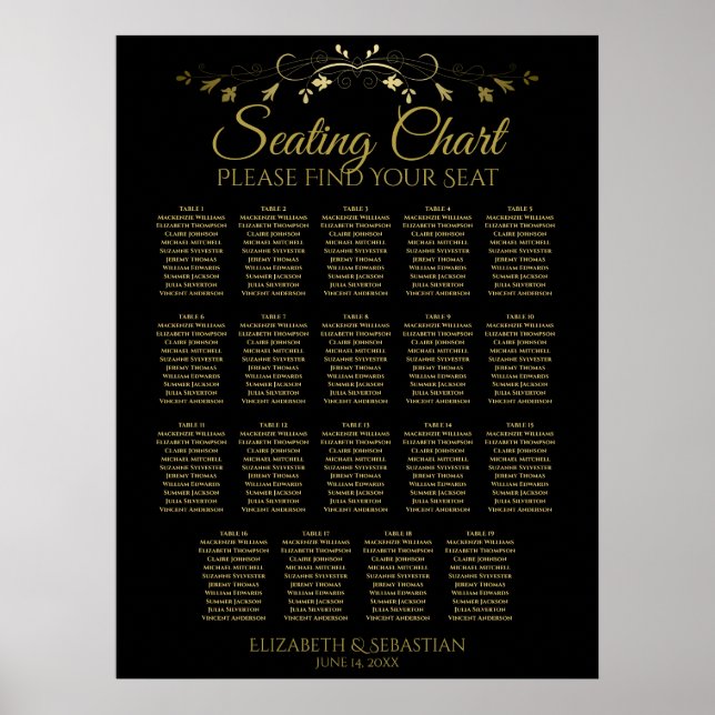 19 Table Elegant Gold Black Wedding Seating Chart (Front)