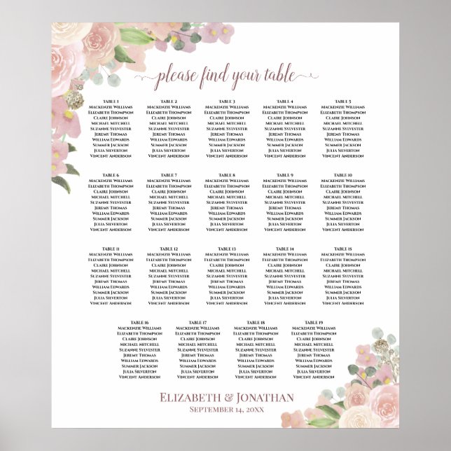 19 Table Elegant Pink Floral Wedding Seating Chart (Front)