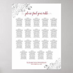 19 Table Frilly Wedding Seating Chart White & Red