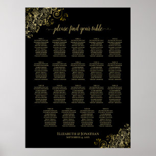 19 Table Gold Frills Black Wedding Seating Chart