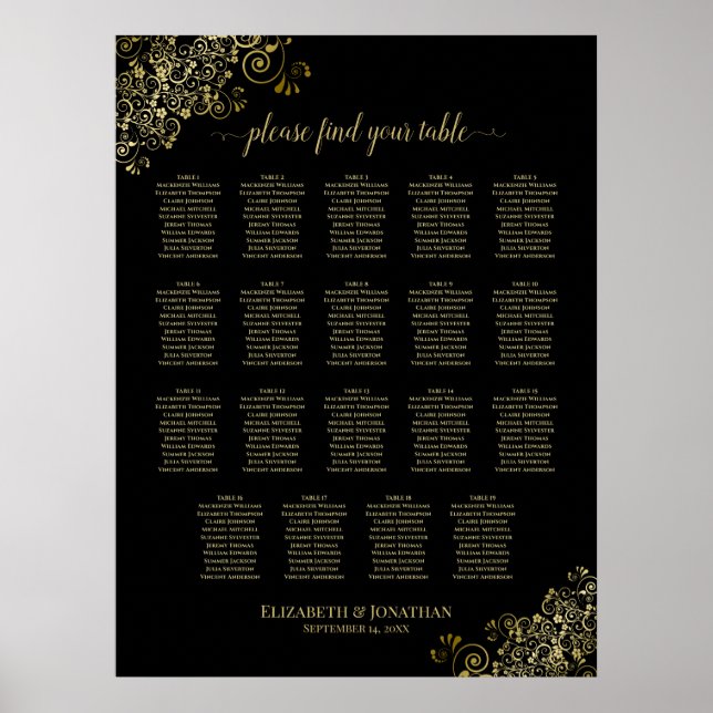 19 Table Gold Frills Black Wedding Seating Chart (Front)