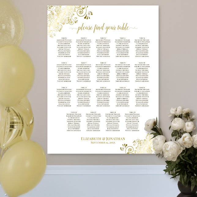 19 Table Gold Frills White Wedding Seating Chart (In Situ on Wall)