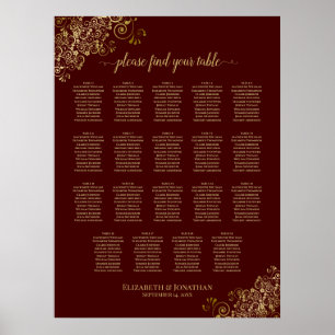 19 Table Lacy Gold Burgundy Wedding Seating Chart