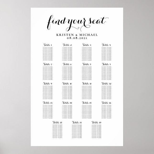 19 Table Large Wedding Guest Seating Chart (Front)