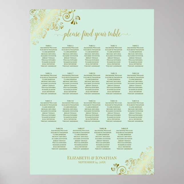 19 Table Mint Green & Gold Wedding Seating Chart (Front)