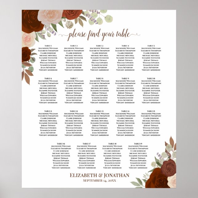 19 Table Orange Fall Floral Wedding Seating Chart (Front)