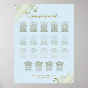 19 Table Powder Blue & Gold Wedding Seating Chart