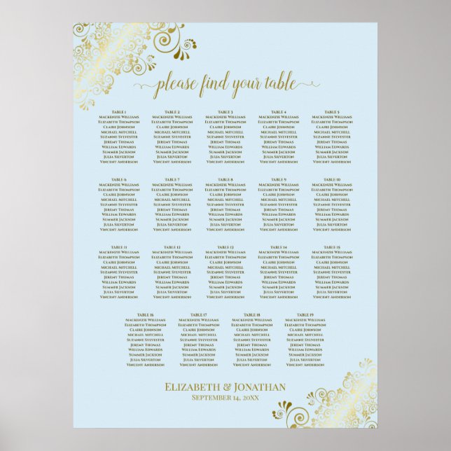 19 Table Powder Blue & Gold Wedding Seating Chart (Front)