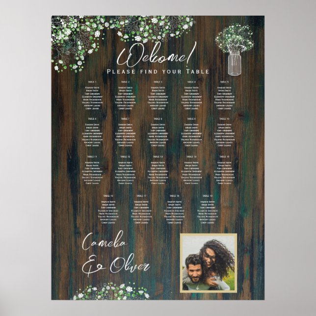 19 Table Rustic Wood Gypsophila PHOTO SEATING Poster (Front)