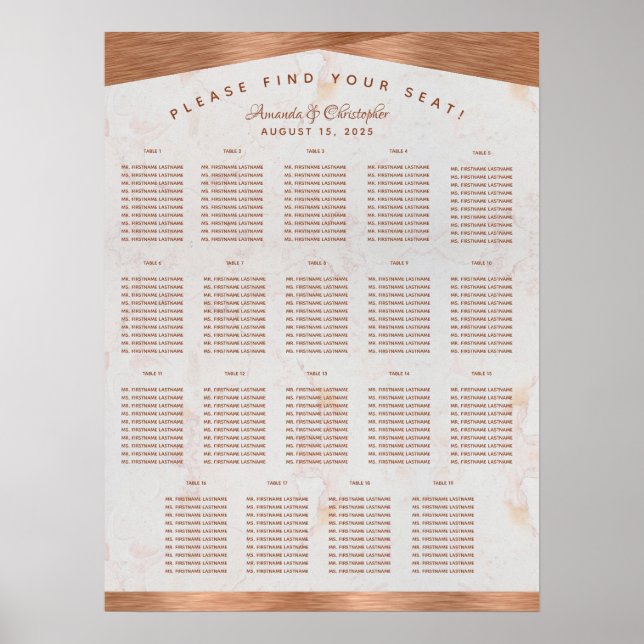 19 Table Seating Chart Wedding Marble Copper (Front)