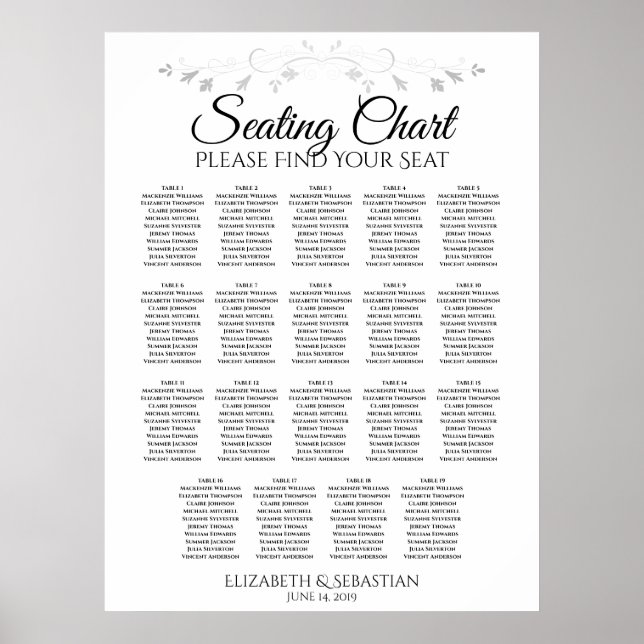 19 Table Silver Filigree Wedding Seating Chart (Front)