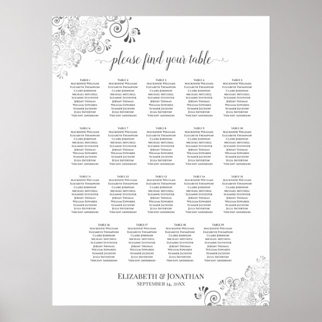 19 Table Silver Frills Wedding Seating Chart White (Front)