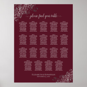 19 Table Silver on Burgundy Wedding Seating Chart