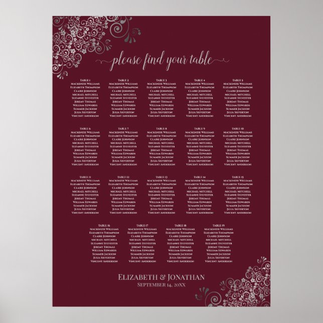19 Table Silver on Burgundy Wedding Seating Chart (Front)