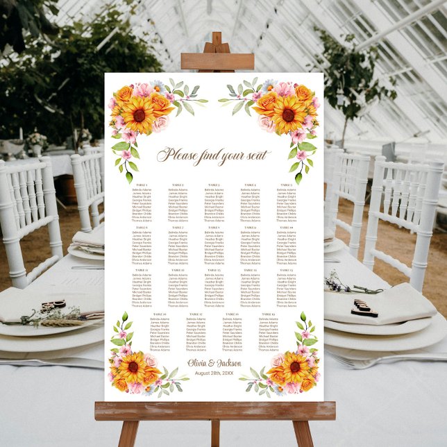 19 Table Sunflower Rose Wedding Seating Chart (Creator Uploaded)