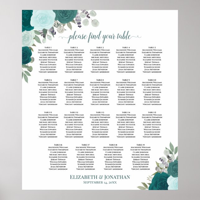 19 Table Teal & Aqua Floral Wedding Seating Chart (Front)