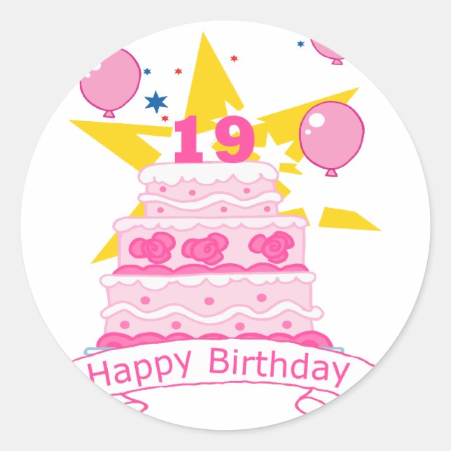 19 Year Old Birthday Cake Classic Round Sticker (Front)