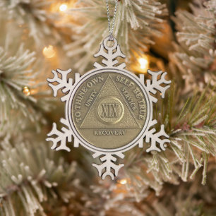 19 Year Sober Anniversary Medallion Snowflake Pewter Christmas Ornament