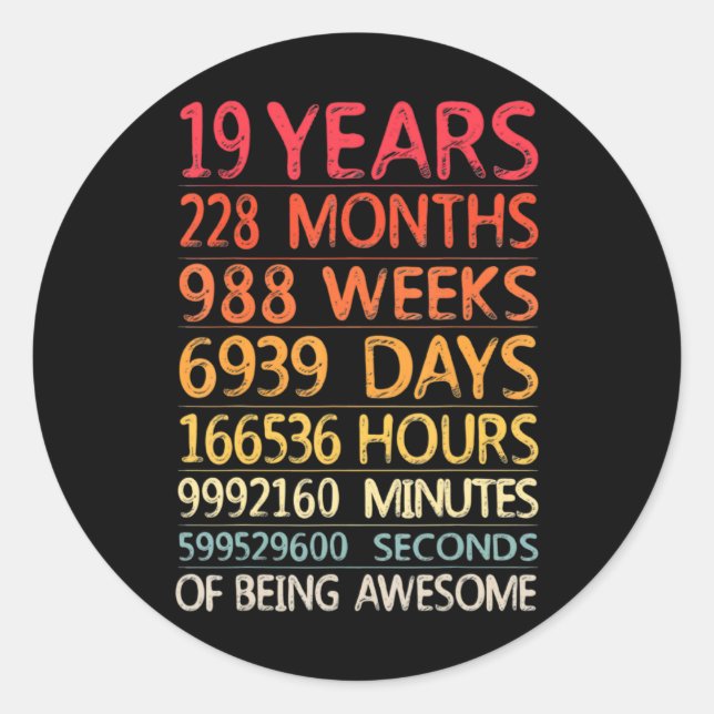 19 Years 228 Months 988 Weeks Birthday Ninteenth 1 Classic Round Sticker (Front)