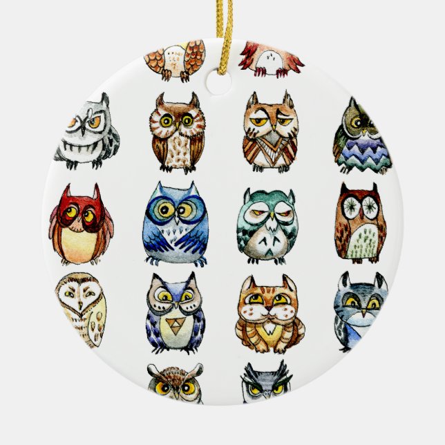 19Owls and 1Cat Ceramic Tree Decoration (Front)
