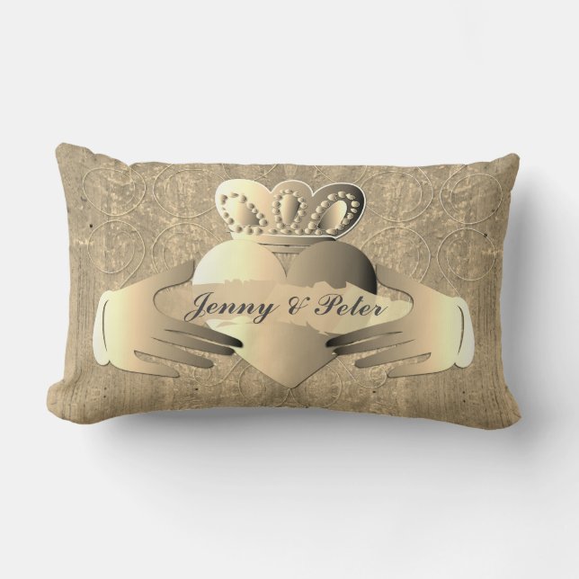 19th Anniversary Old Gold Claddagh Ring  Lumbar Cushion (Front)