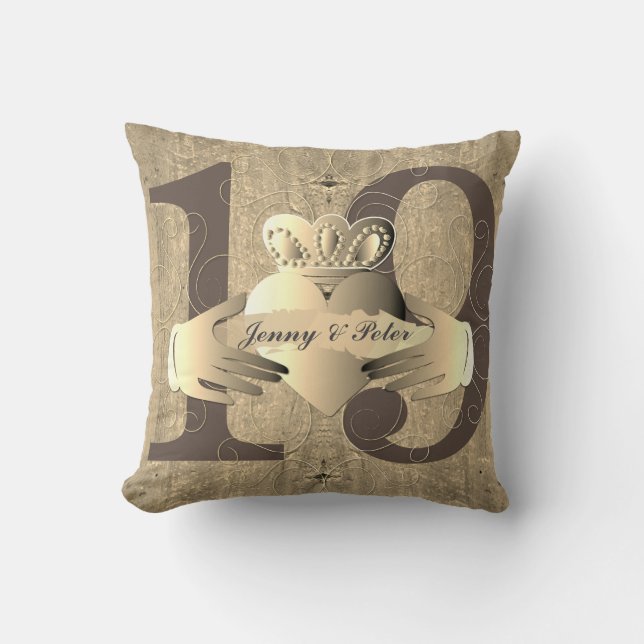 19th Anniversary Old Gold Claddagh Ring  Throw Pil Cushion (Front)