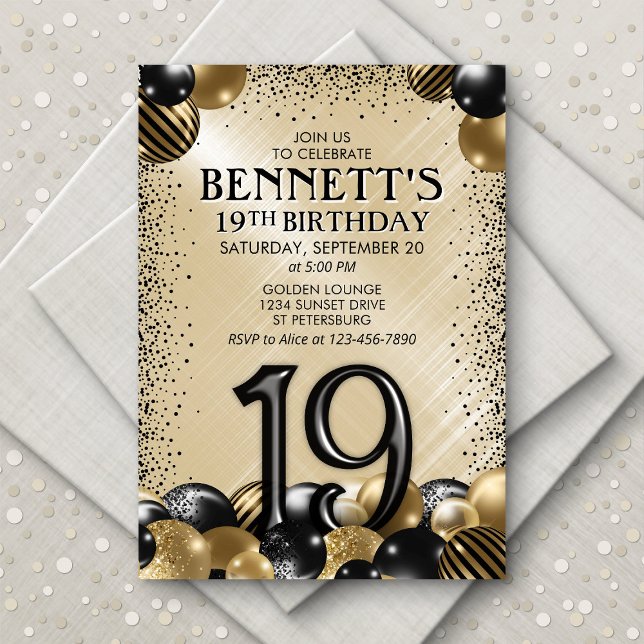 19th Balloons Black Gold Birthday Invitation (Creator Uploaded)