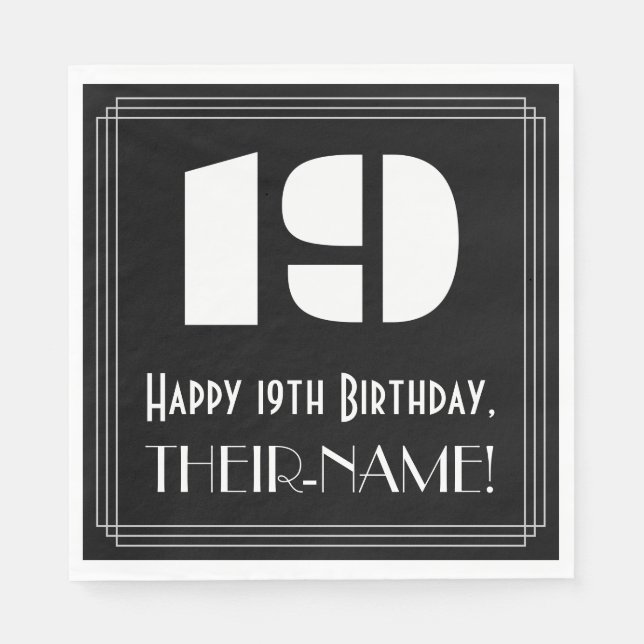 19th Birthday: Art Deco Inspired Look "19" + Name Napkin (Front)