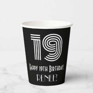 19th Birthday — Art Deco Inspired Look “19” + Name Paper Cups