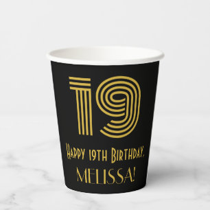 19th Birthday: Art Deco Inspired Look “19” & Name Paper Cups