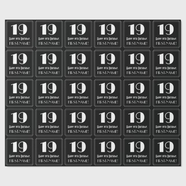 19th Birthday - Art Deco Inspired Look "19", Name Wrapping Paper (Seam)
