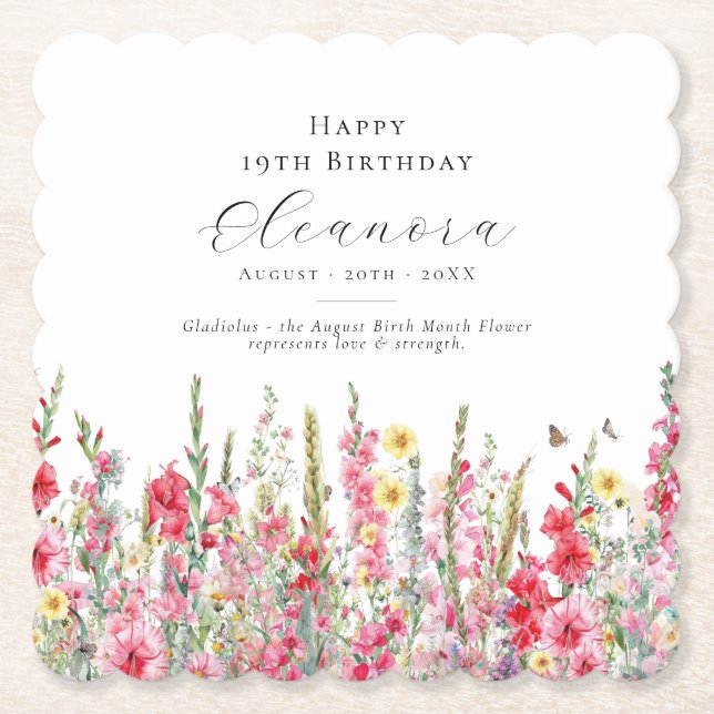 19th Birthday August Birth Month Flower Custom Paper Coaster (Front)