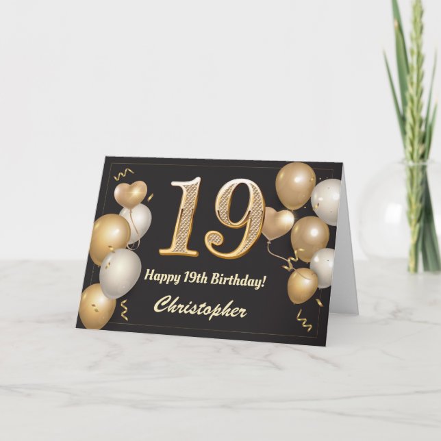 19th Birthday Black and Gold Balloons Birthday Card (Front)