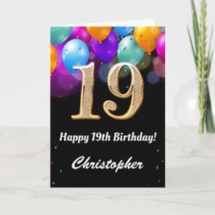 19th Birthday Black and Gold Colourful Balloons Card